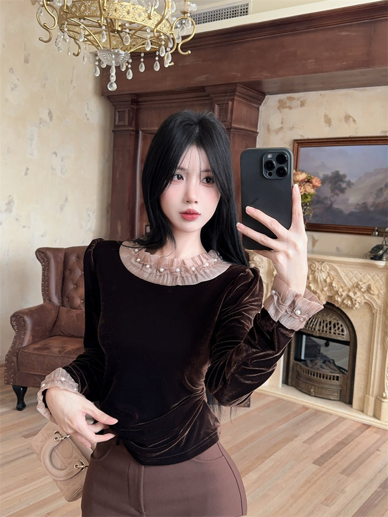 💕chic韓系小個子泡泡袖絲絨上衣