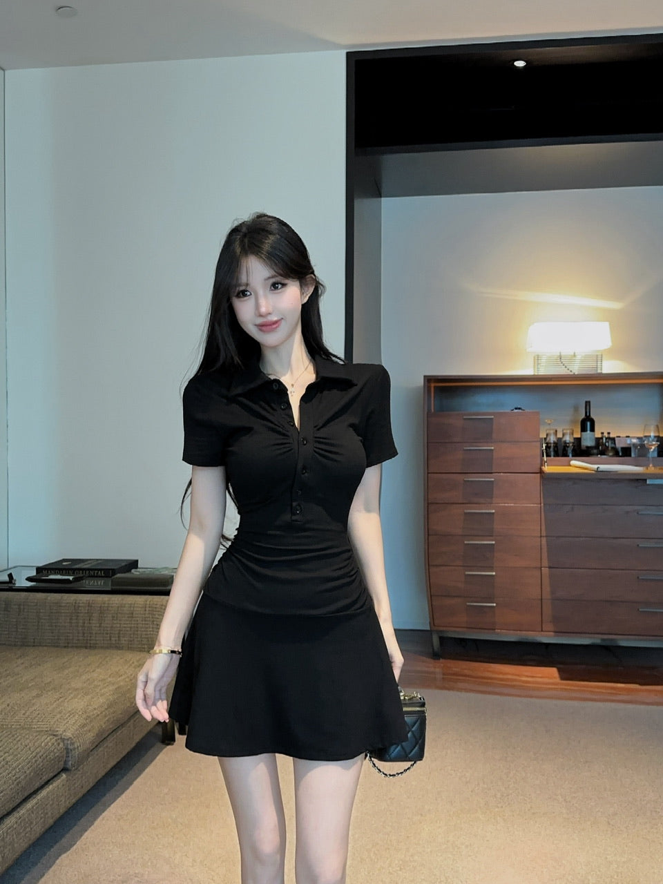 💕顯瘦百搭翻領收腰黑色翻領短袖大擺連衣裙