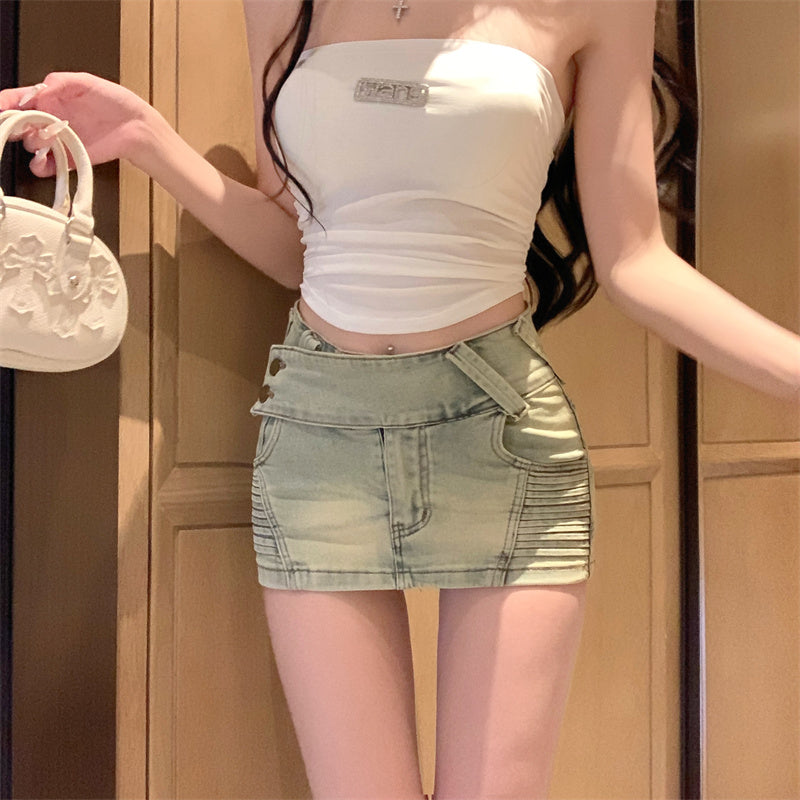 💕不規則緊身彈力刷舊牛仔短裙