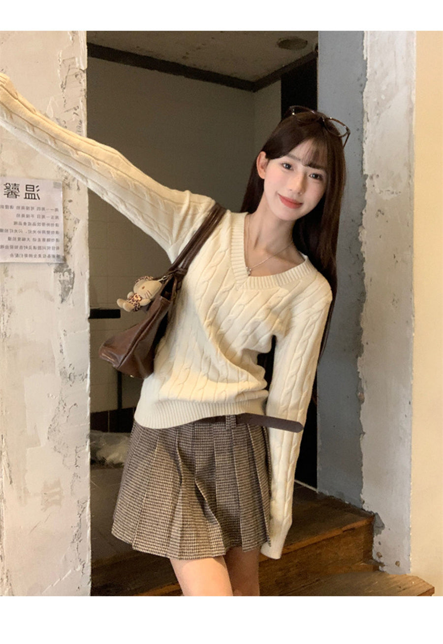 💕韓系慵懶風V領麻花加厚寬鬆毛衣