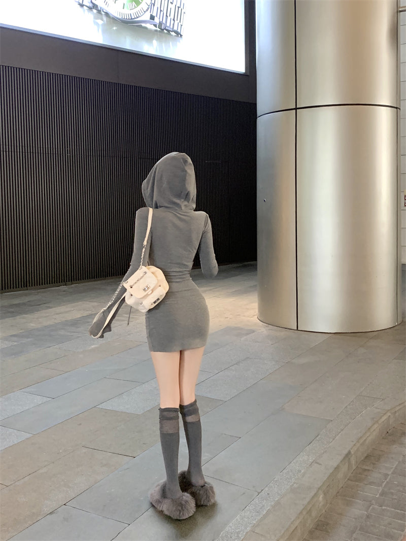 💕秋款連帽長袖收腰緊身包臀裙