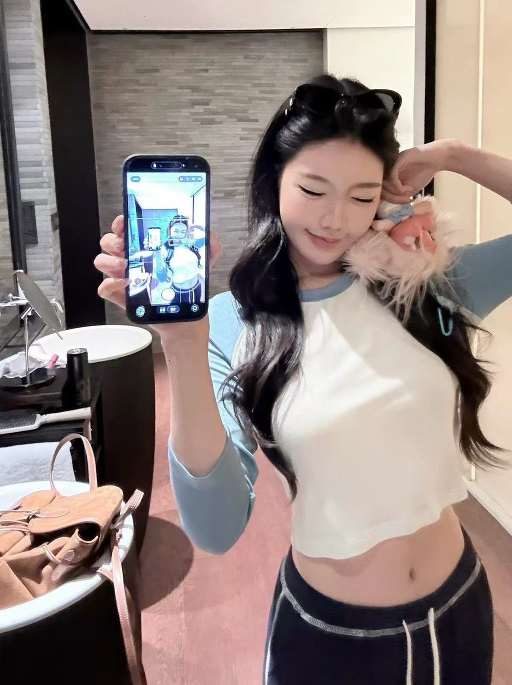 💕休閒百搭撞色短款露臍長袖上衣