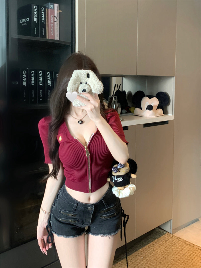 💕法式性感U領短袖拉鍊針織上衣