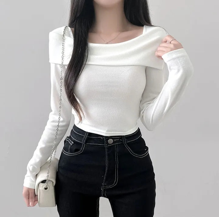 💕chic秋季長袖打底小心機露鎖骨上衣