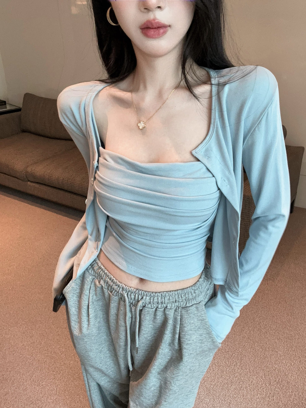 💕氣質慵懶休閒褶皺兩件式套裝