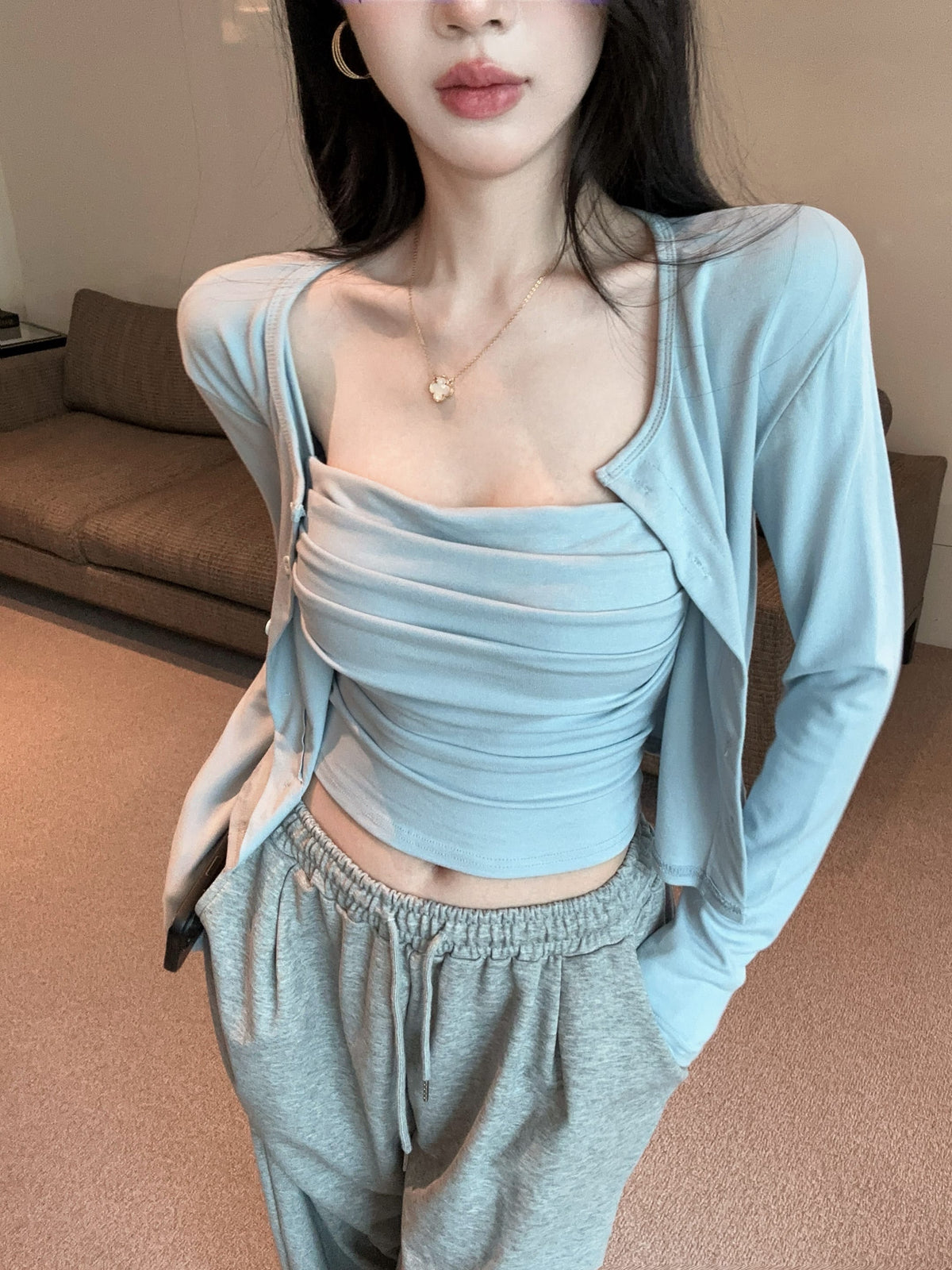 💕氣質慵懶休閒褶皺兩件式套裝