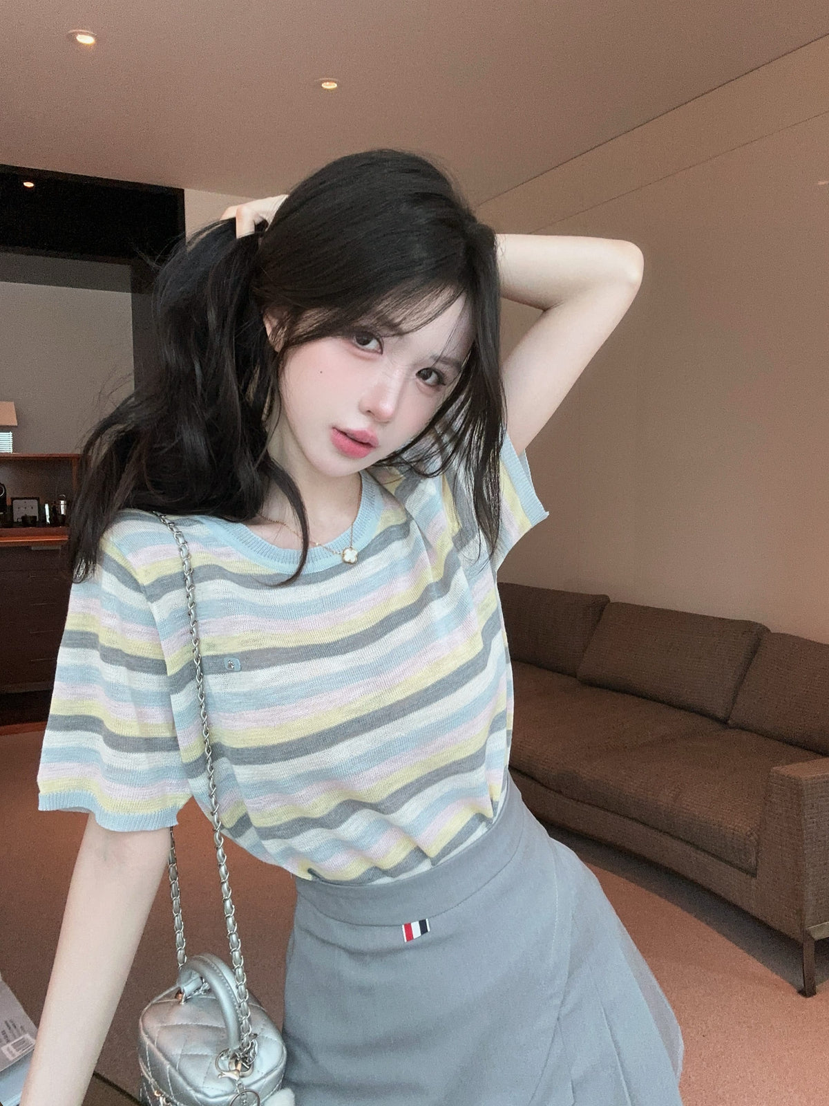 💕夏季清透感柔軟撞色條紋針織衫上衣