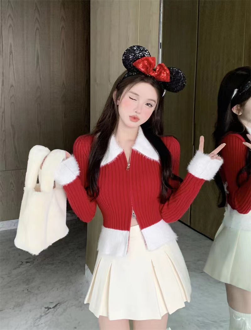 💕氣質短款polo毛毛領針織拉鍊修身上衣