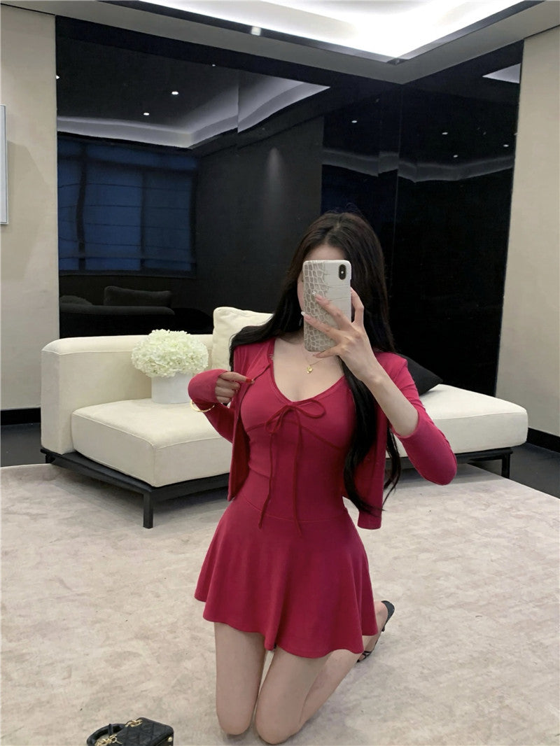 💕休閒氣質純色開衫收腰吊帶連衣裙兩件套