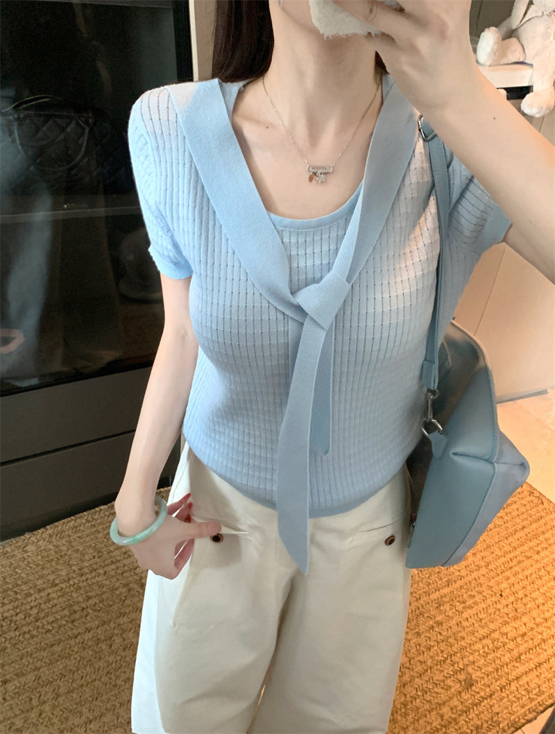💕假兩件披肩針織海軍領修身上衣