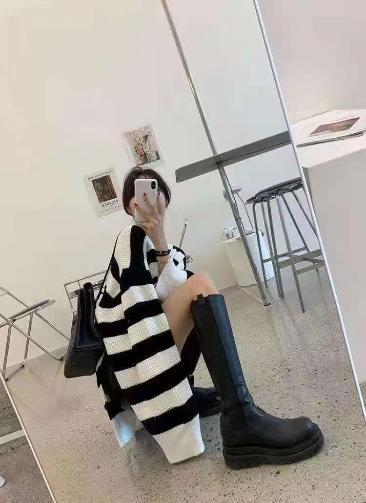 💕韓系ins簡約V領側開衩落肩長袖中長款毛衣