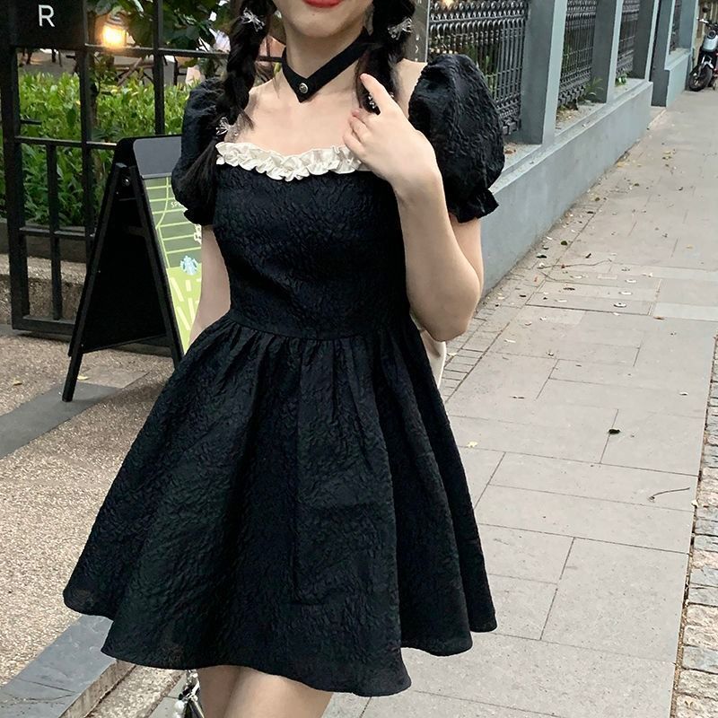 💕方領法式花邊露背蝴蝶結小個子澎澎短裙