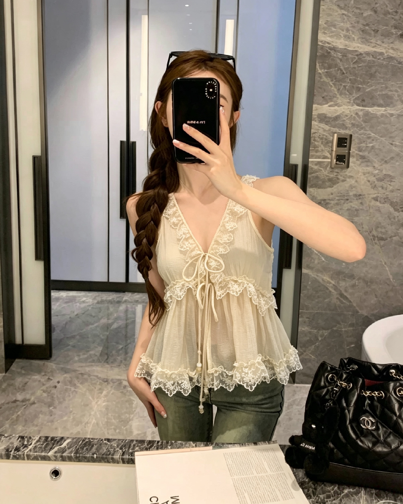 💕法式V領蕾絲拼接系帶無袖背心上衣