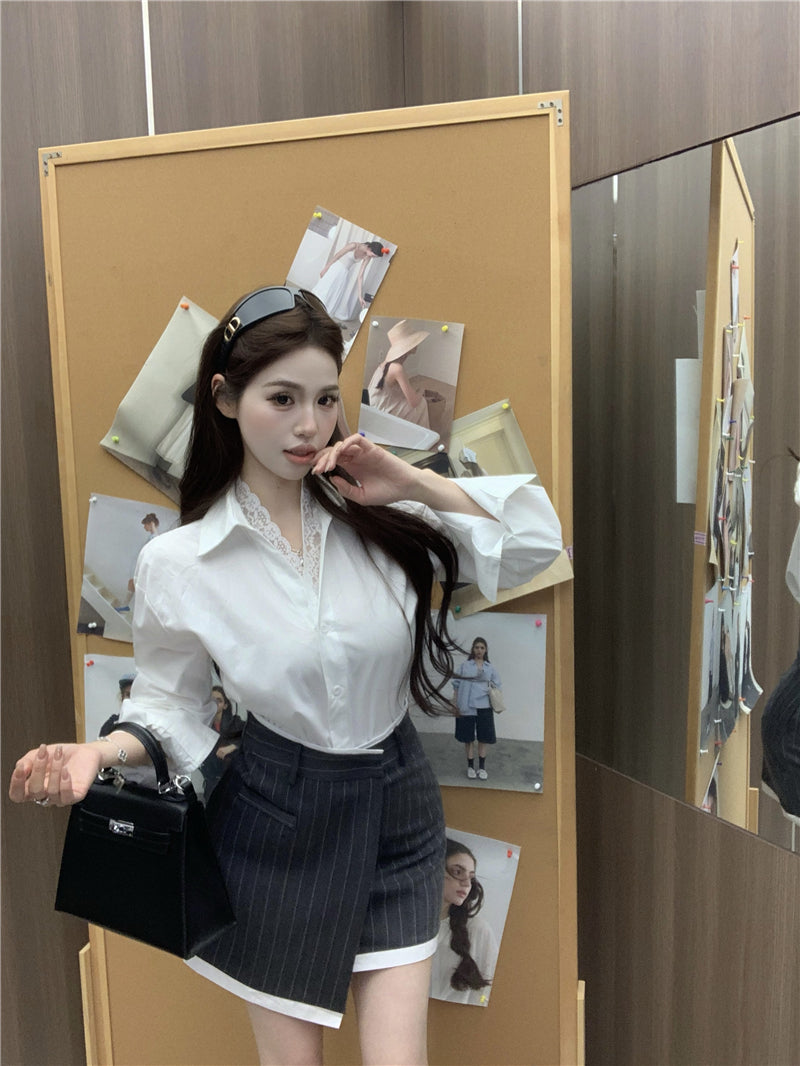 💕氣質翻領蕾絲花邊長袖襯衫不規則半身裙兩件套