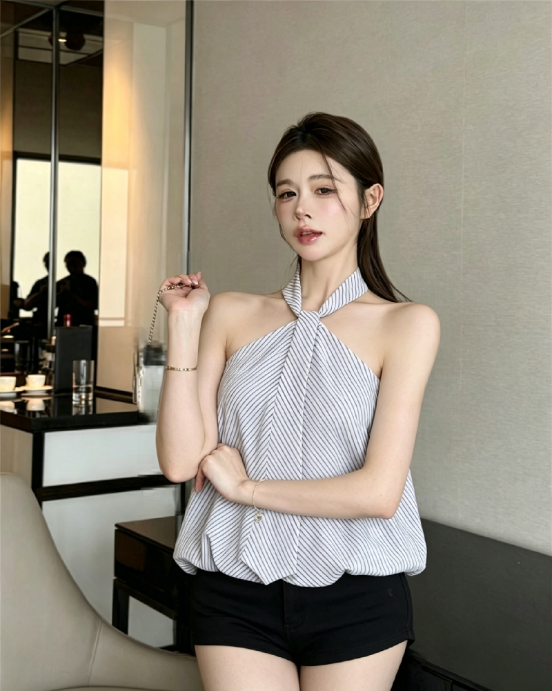 💕氣質掛脖黑白條紋抹胸花苞無袖上衣