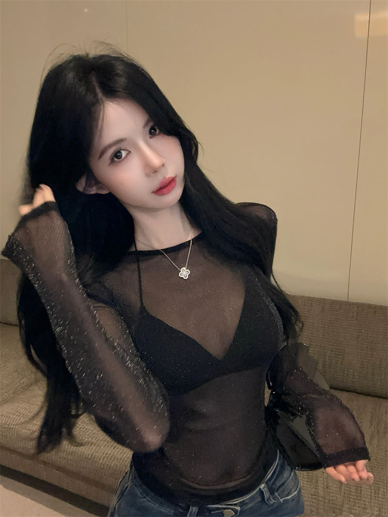 💕韓系高級感細閃網紗微透性感內搭打底衫上衣