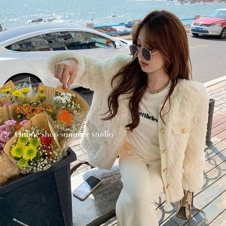 💕小香高級感仿兔毛加厚圓領外套