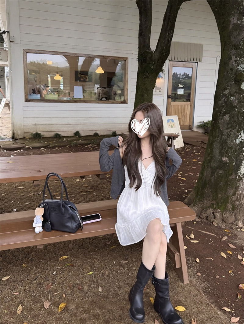 💕少女坑條理肌感針織開衫+蕾絲吊帶裙兩件套