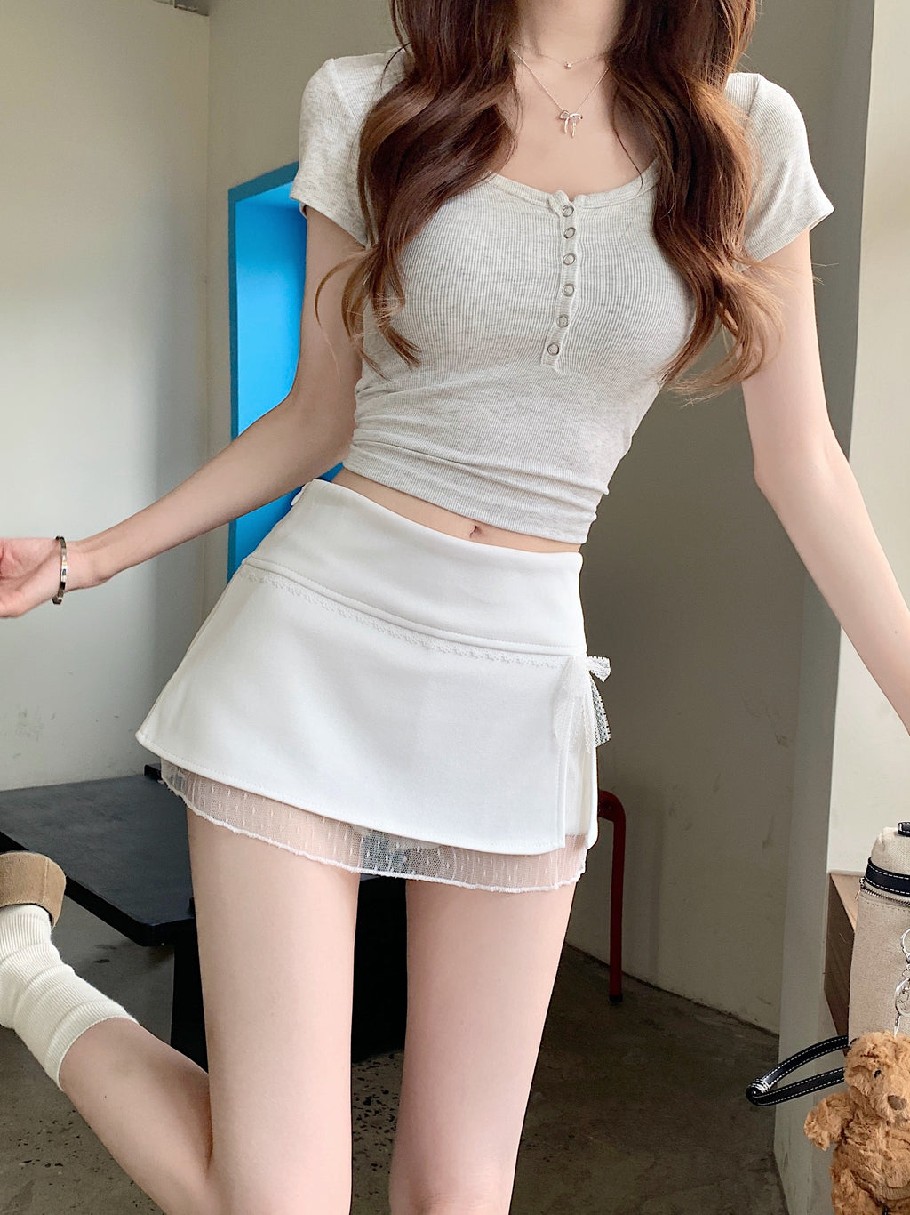 💕溫柔氣質蕾絲拼接開衩高腰A字短裙