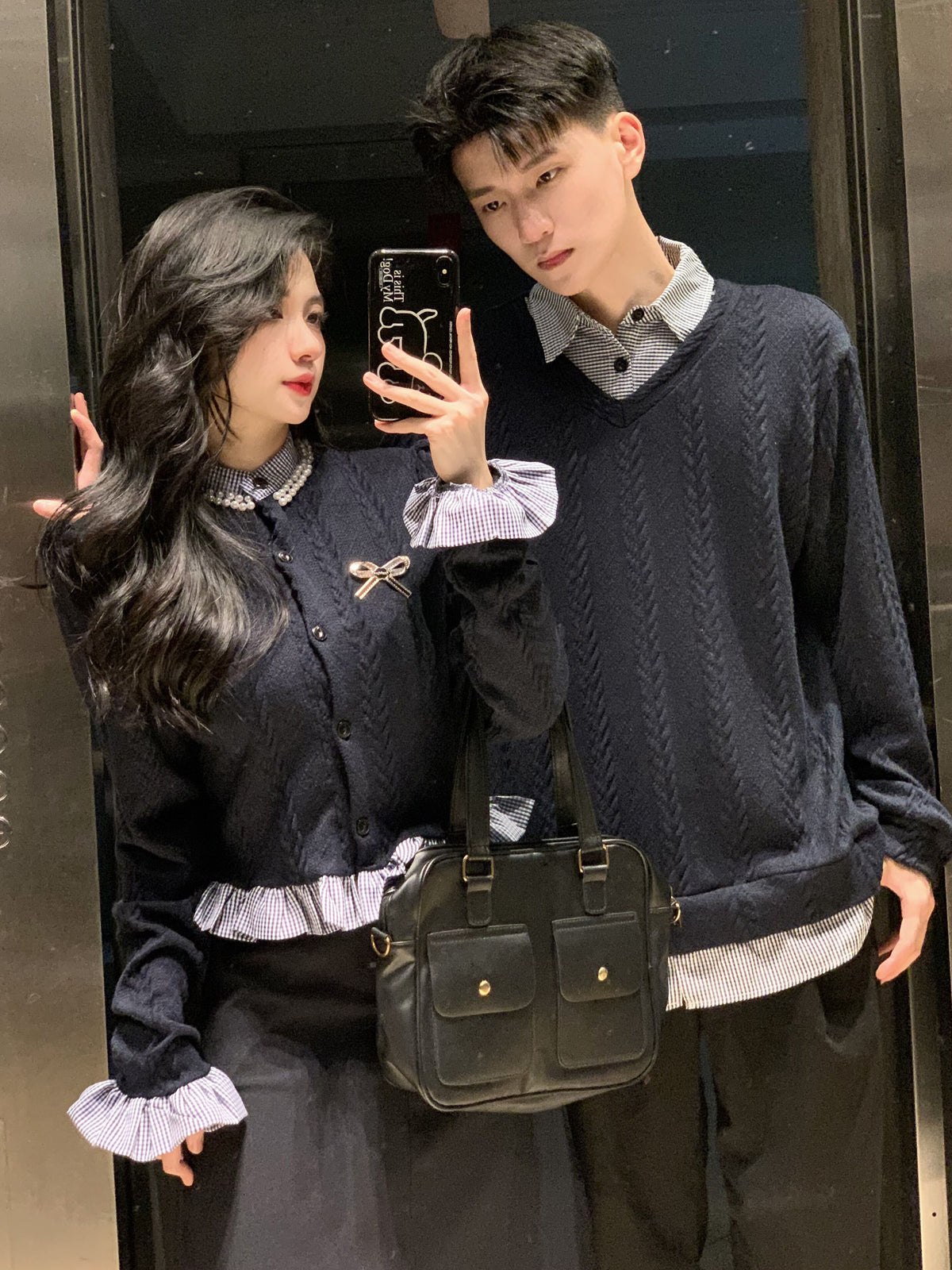 💕秋冬法式梨形長袖拼接假兩件情侶套裝