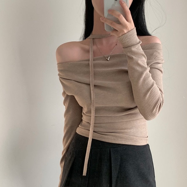 💕溫柔春秋純欲露肩+飄帶顯瘦法式上衣