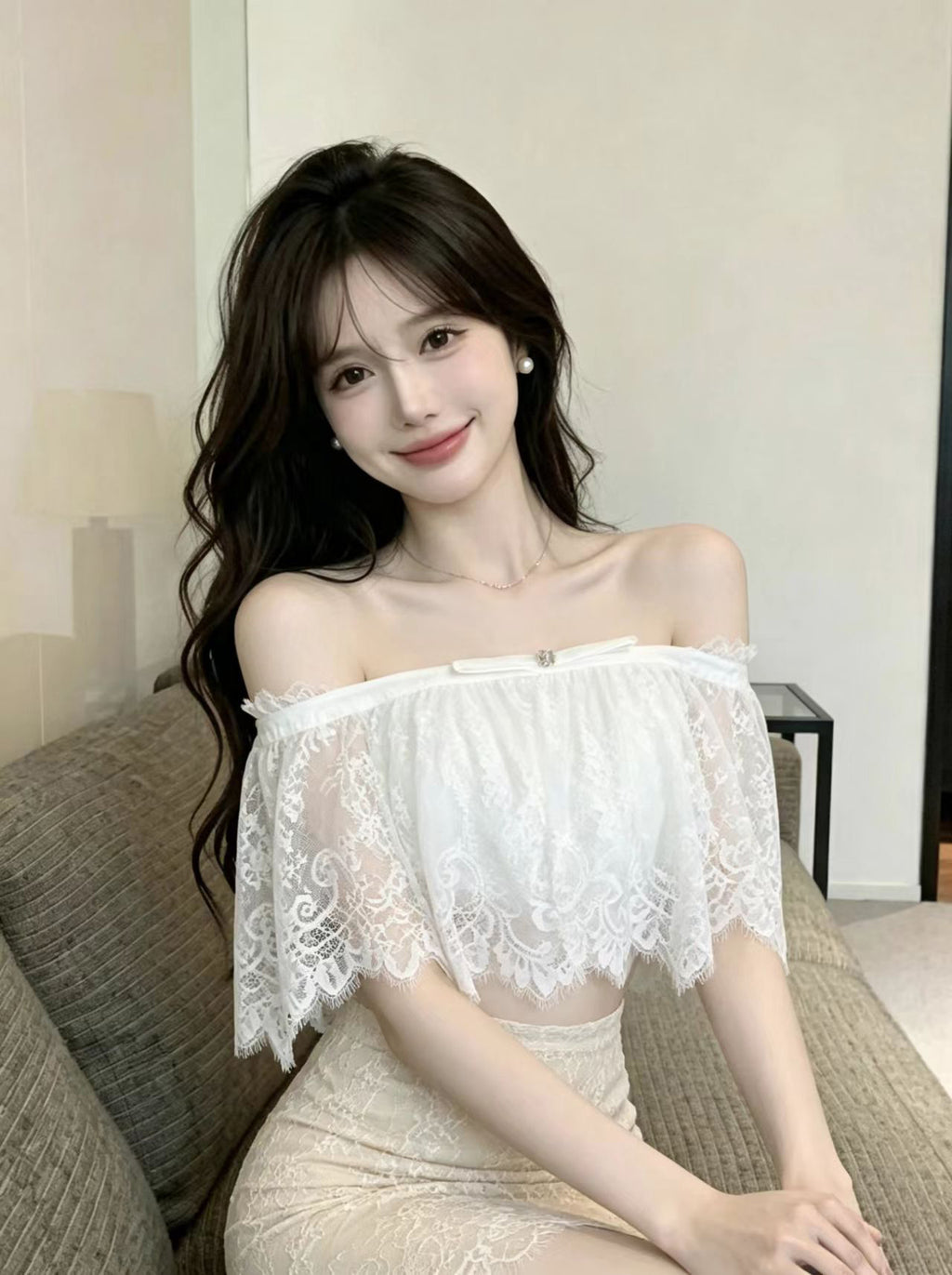 💕絕美白色蕾絲抹胸上衣配高腰包臀短裙套裝