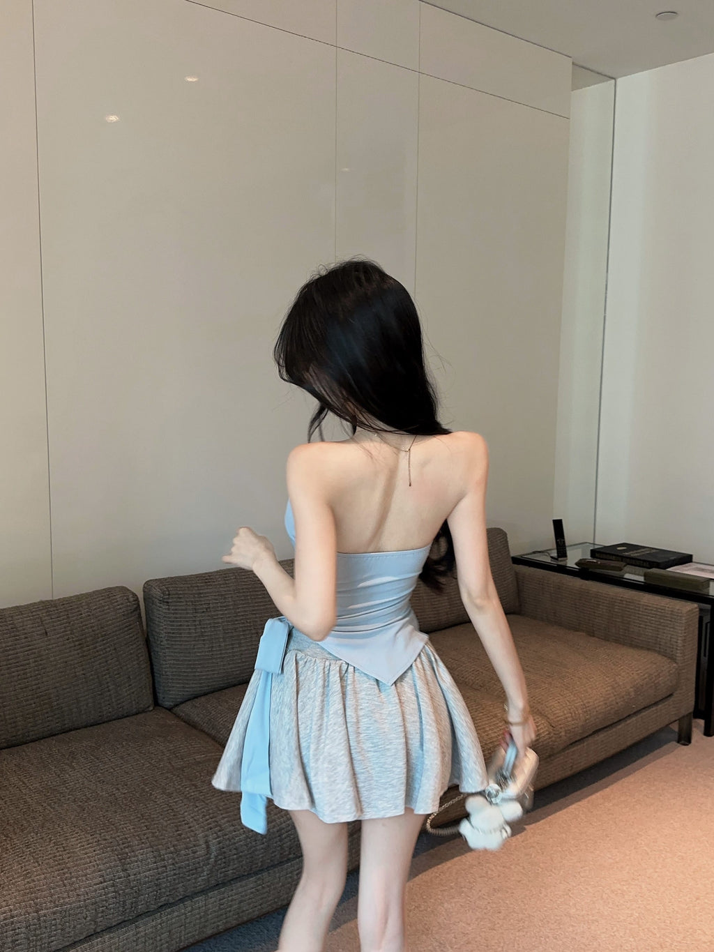 💕氣質帶胸墊不規則下擺系帶扭結兩件套