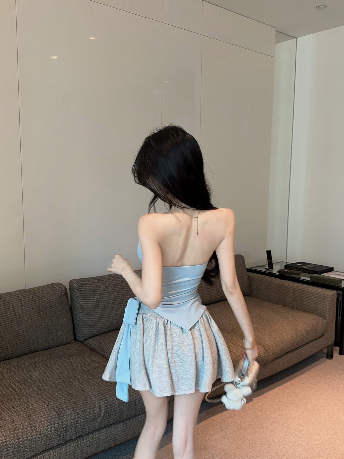💕氣質帶胸墊不規則下擺系帶扭結兩件套