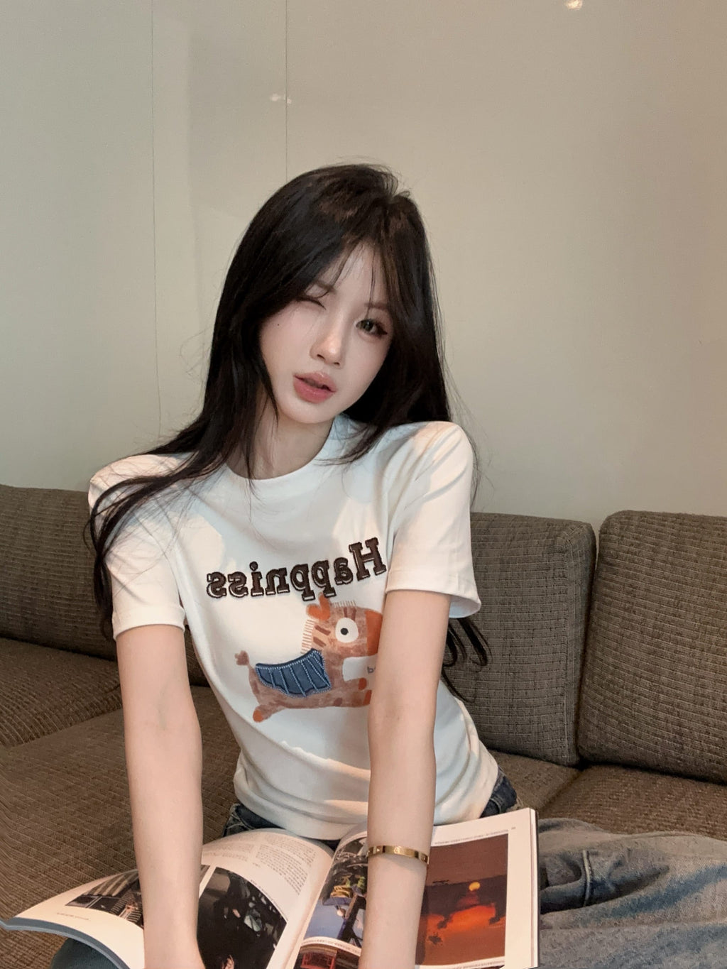 💕可愛元氣小馬立體刺繡圓領短袖上衣