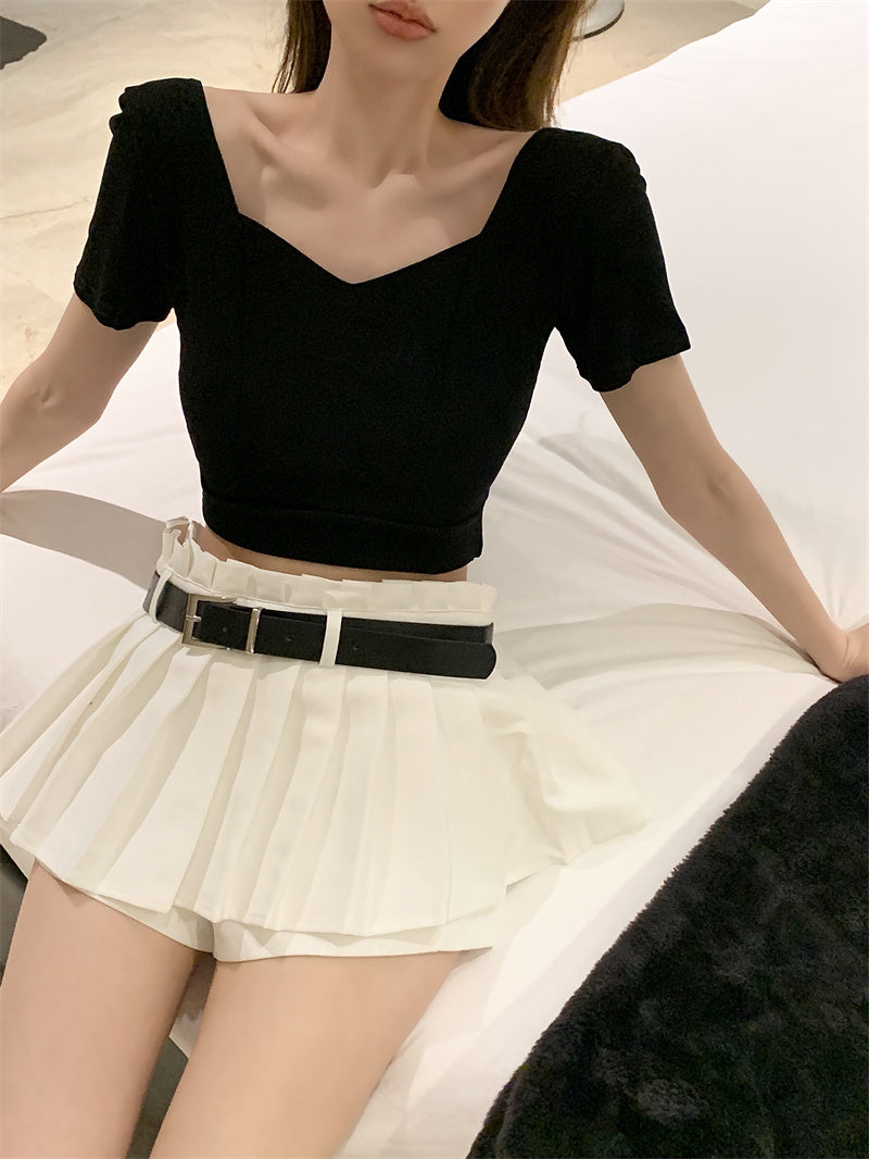 💕方領百搭露鎖骨顯瘦短版露臍上衣