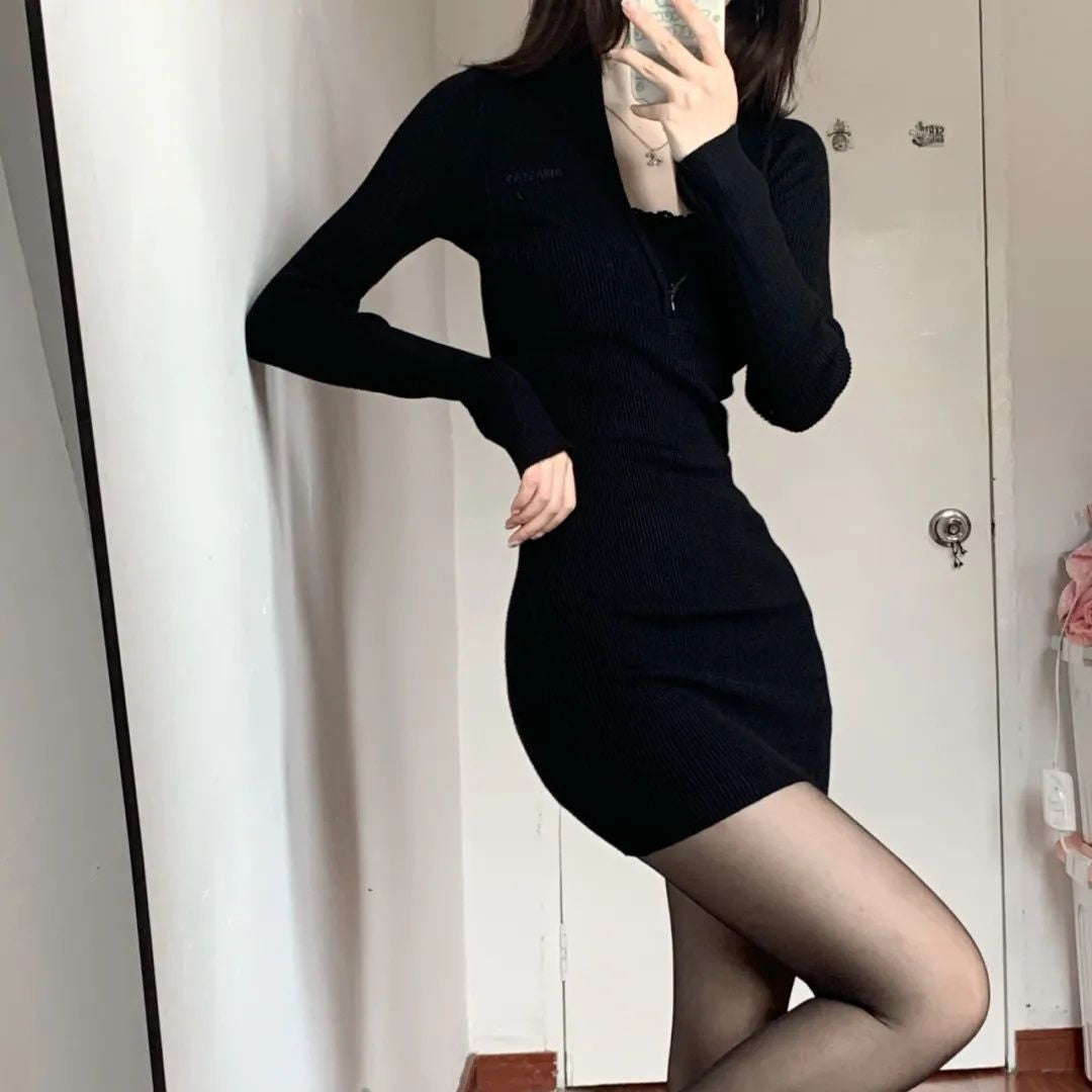 💕簡約百搭春秋翻領緊身包臀裙