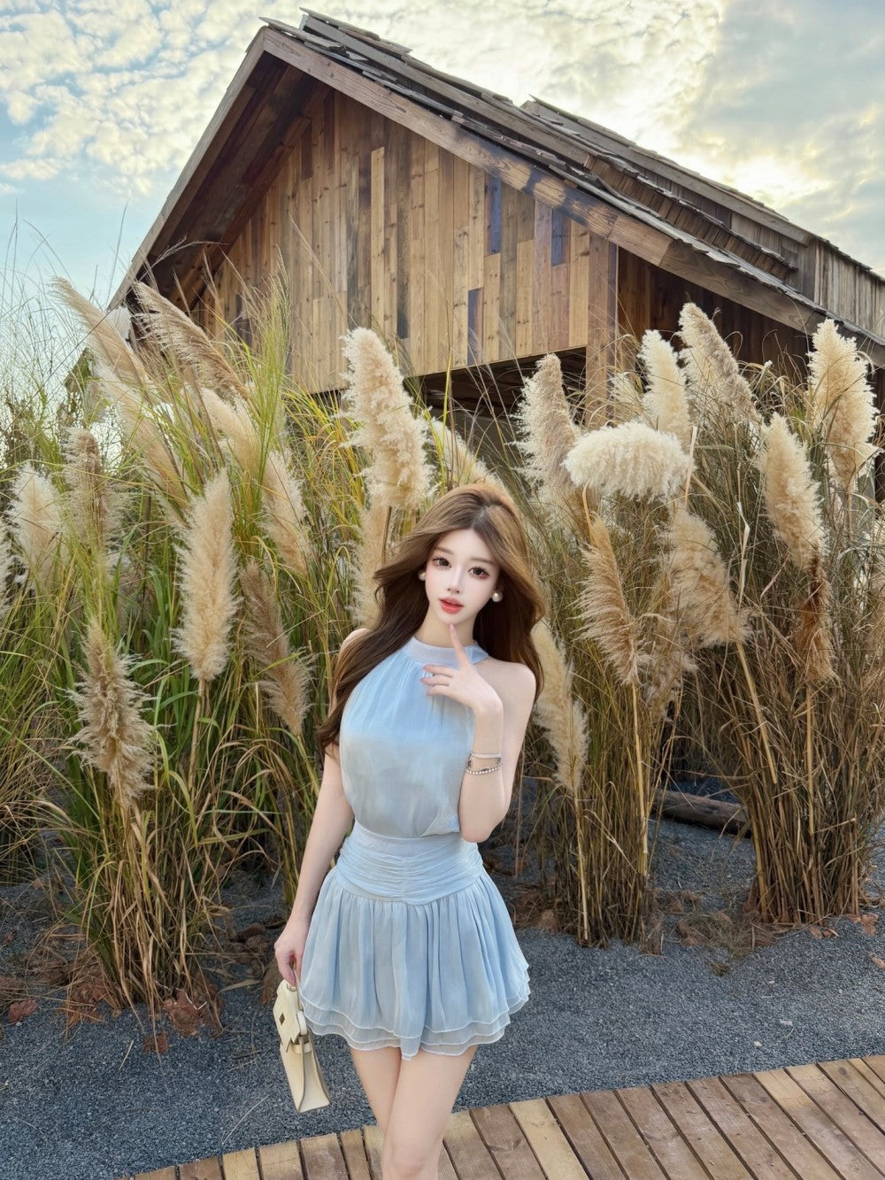 💕法式溫柔無袖掛脖連衣裙