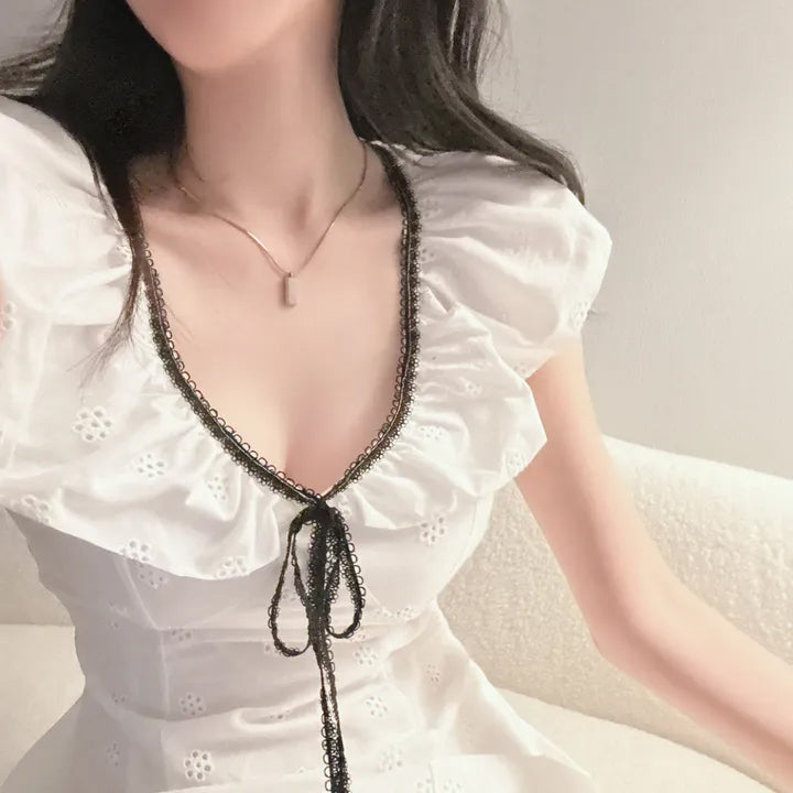 💕chic收腰顯瘦蝴蝶結系繩連衣裙