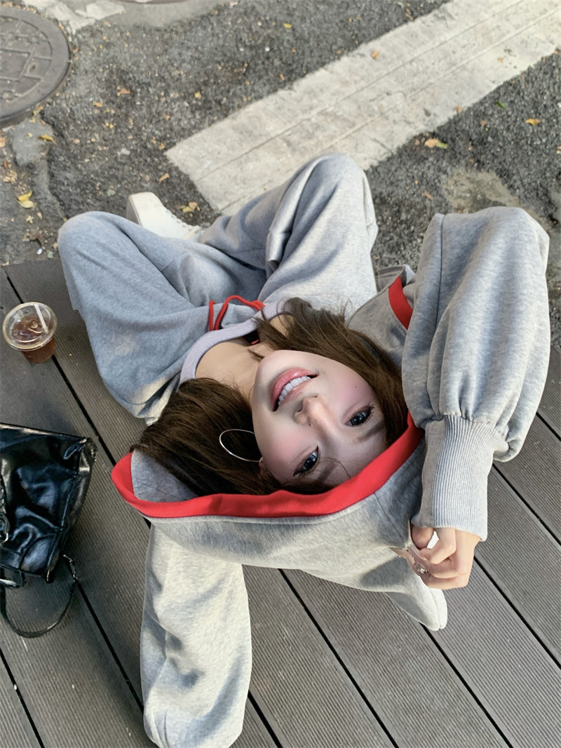 💕韓系個性設計感灰色長袖顯瘦休閒褲套裝