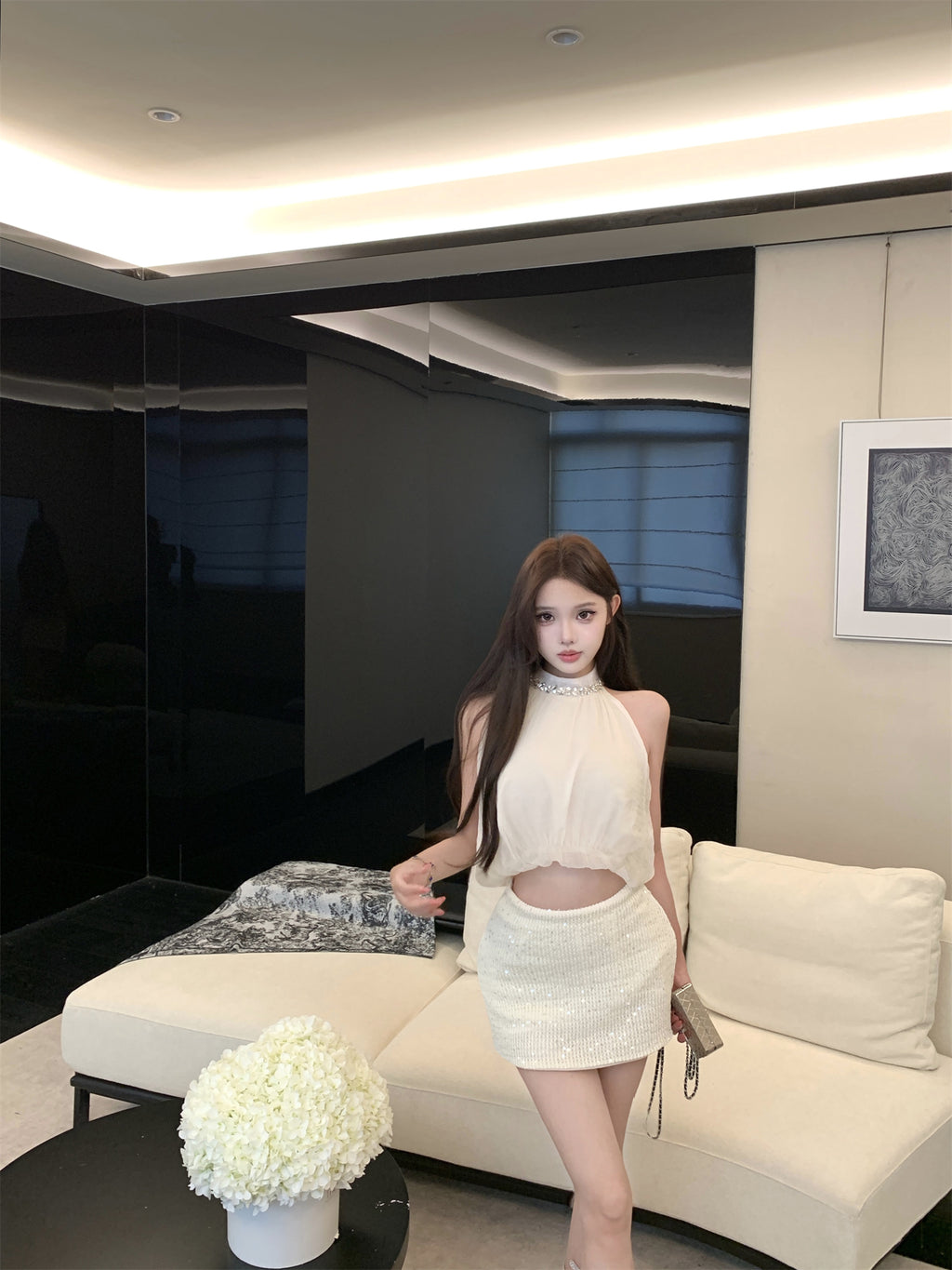 💕夏季高級氣質感掛脖花苞上衣珠片半身裙兩件套