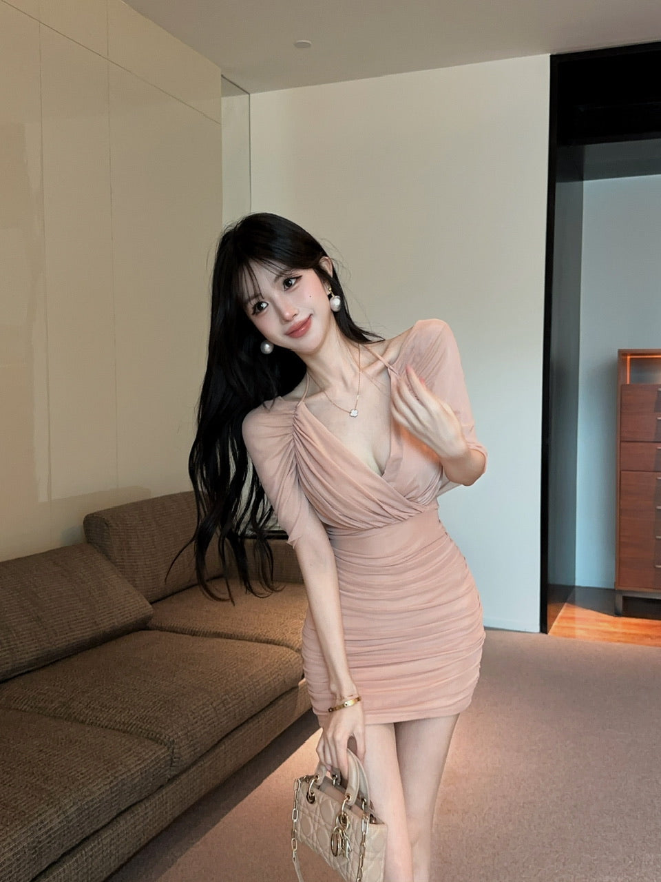 💕約會性感網紗綁帶包臀假兩件連身裙