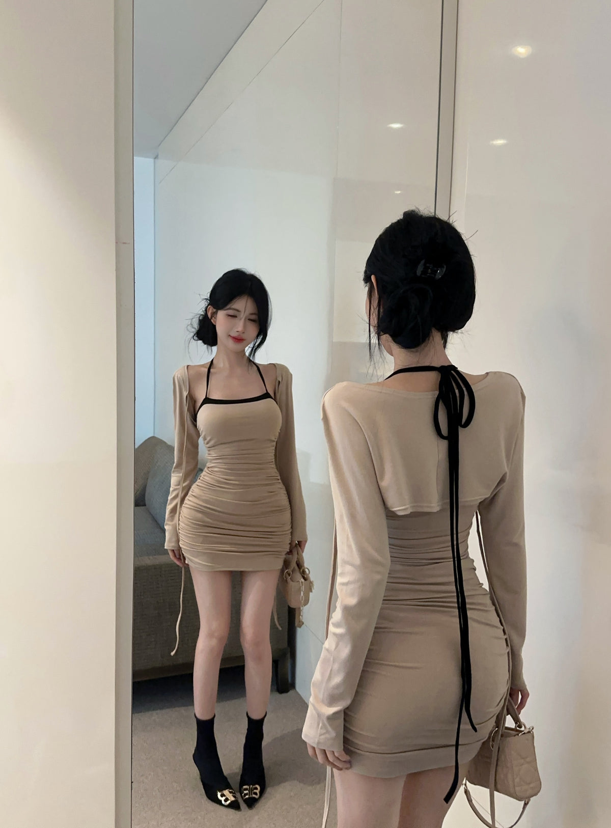 💕拚色系繩多種穿法包臀連身短裙+長袖短款罩衫兩件套