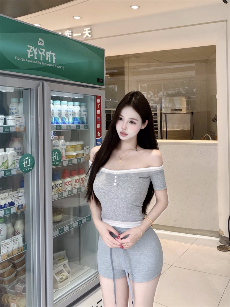 💕韓系假兩件撞色斜肩露肩上衣