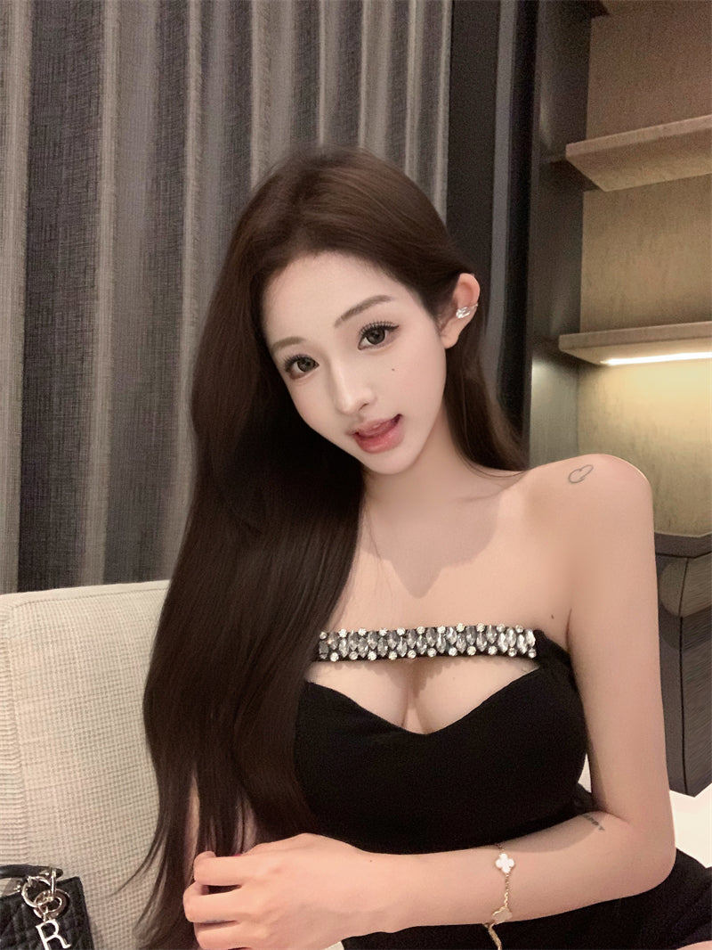 💕高級名媛風鑽鍊收腰顯瘦抹胸帶胸墊上衣