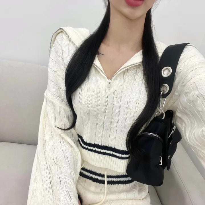 💕chic韓系秋冬簡約翻領毛衣兩件套