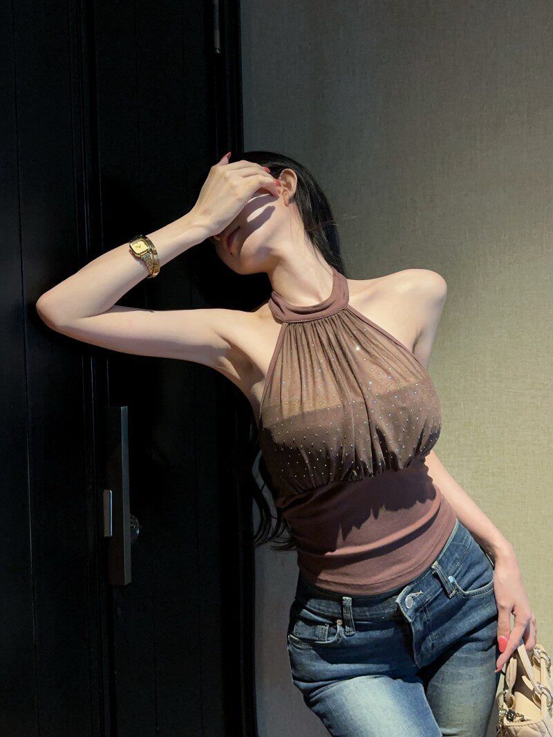 💕掛脖網紗高腰露背燙鑽抹胸單品