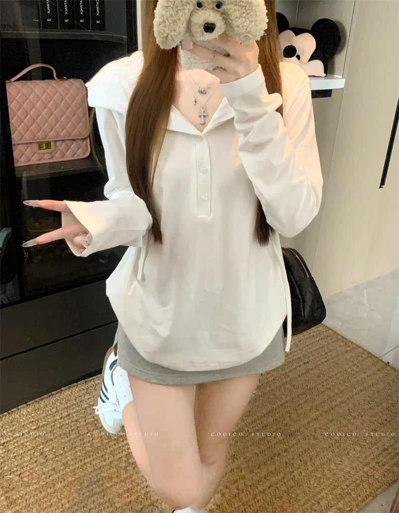 💕早秋鬆弛感鈕扣連帽長袖上衣