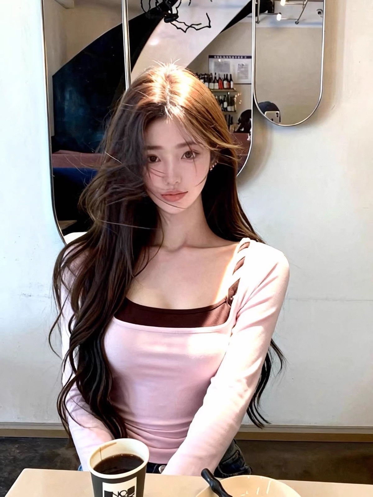 💕春秋法式撞色扭結假兩件修身打底長袖上衣