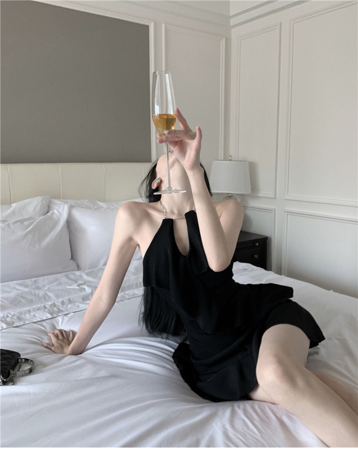 💕法式赫本風荷葉邊掛脖吊帶連衣裙