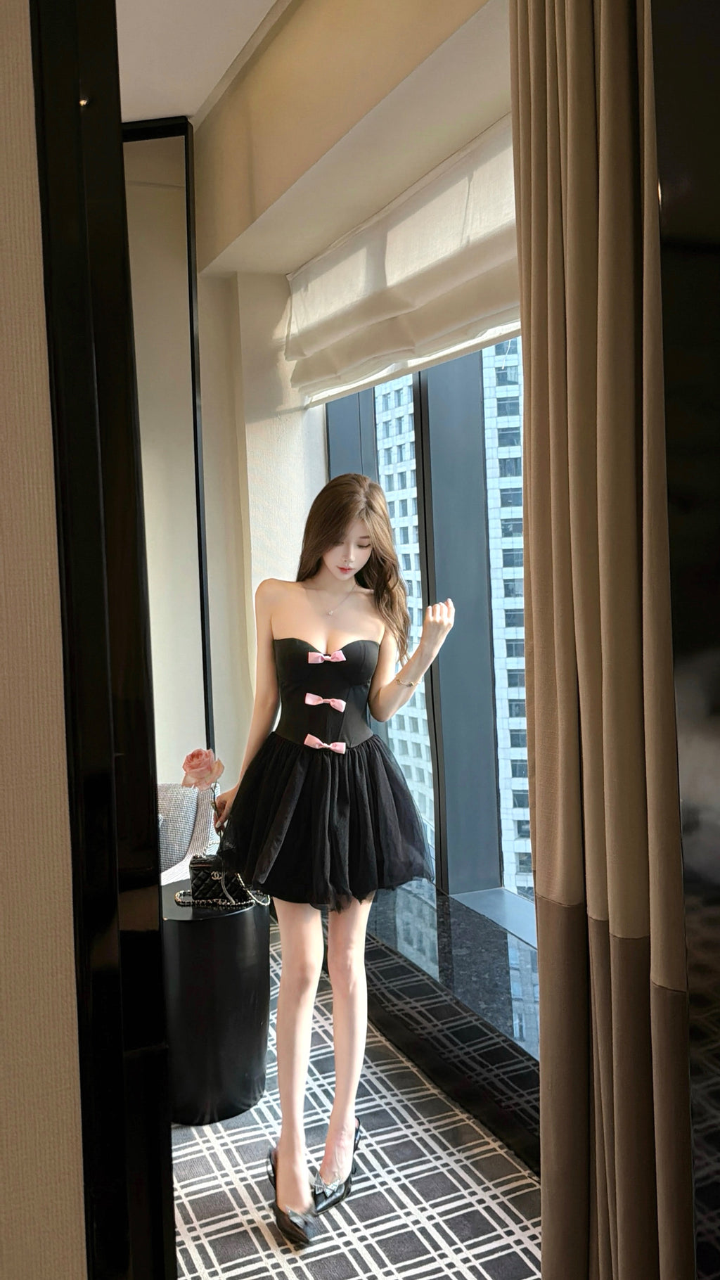 💕法式純欲粉色蝴蝶結抹胸小禮服