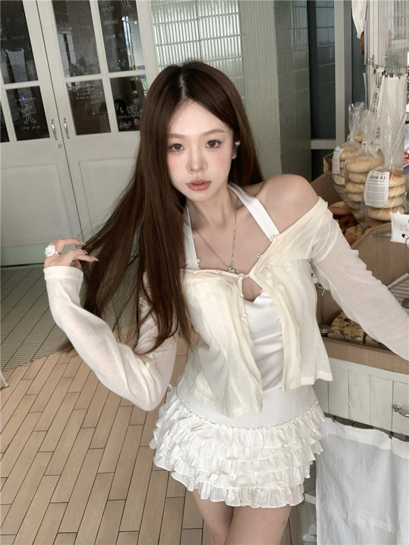 💕氧氣感貴氣羊毛長袖掛脖吊帶背心兩件套