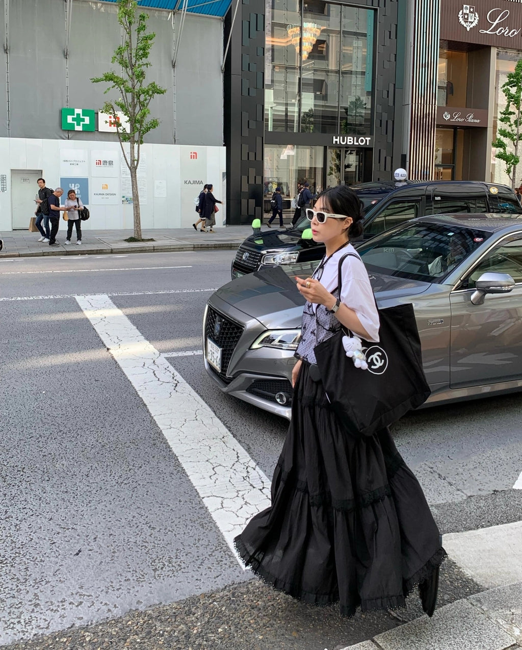 💕韓系東大門復古高腰拼接蕾絲邊蛋糕休閒長裙