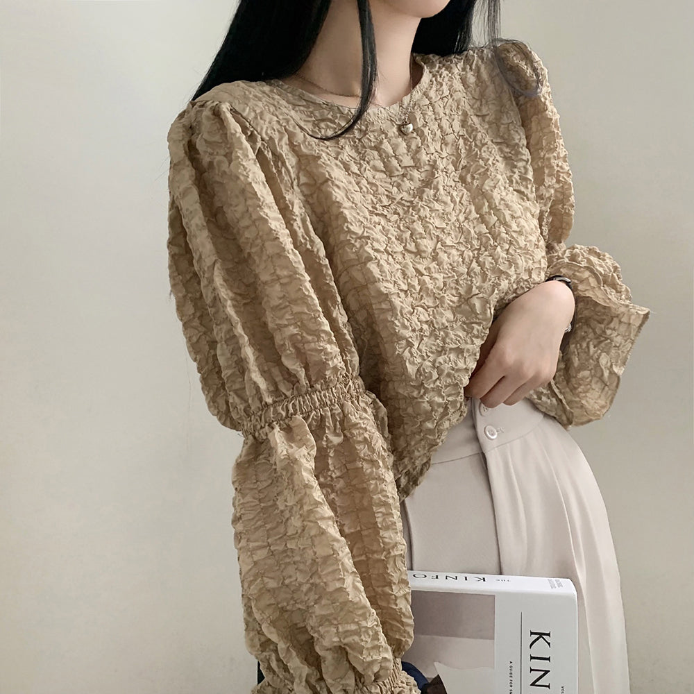💕溫柔chic韓系泡泡皺褶圓領燈籠袖襯衫