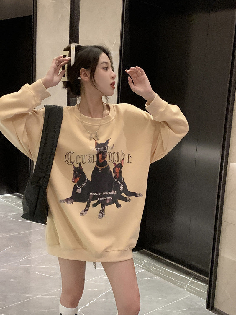 💕美式帥氣杜賓犬印花寬鬆中長衛衣