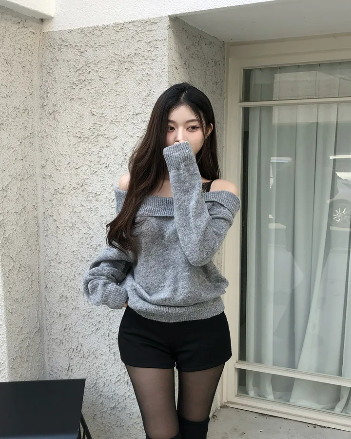 💕chic秋季假兩件蕾絲花邊打底一字肩針織上衣